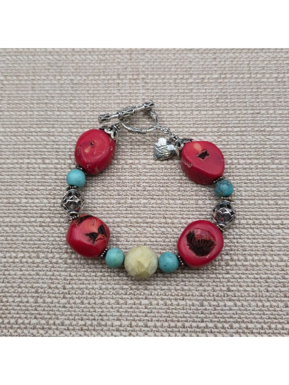 8 Inch 925 Sterling Silver Turquoise Nugget & Red Coral Charm Bracelet B1613